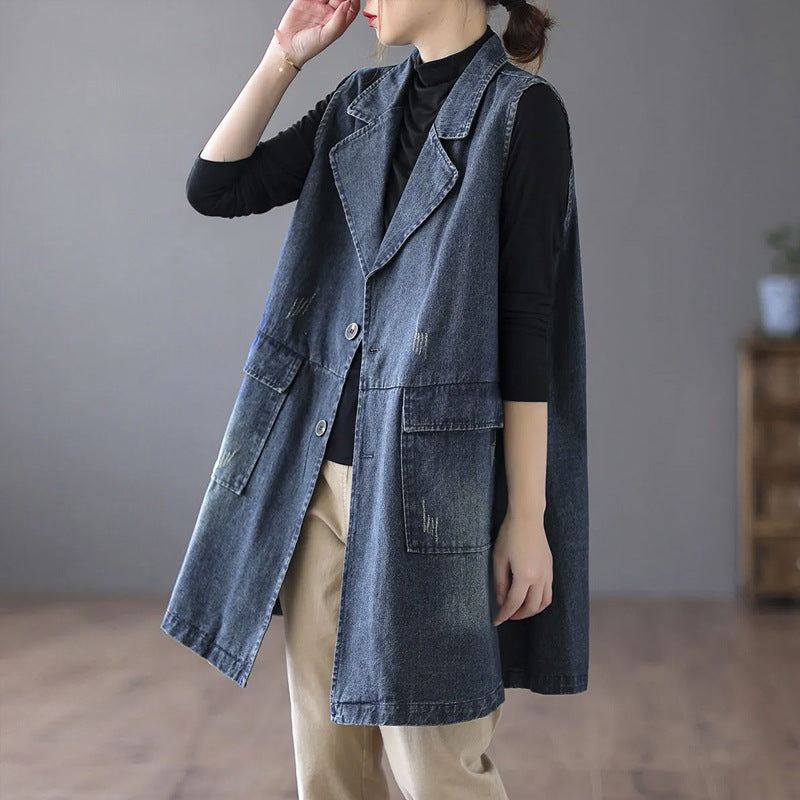 Blue Sleeveless Pure Cotton Overcoat