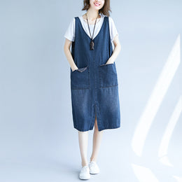 V-Neck Sleeveless Frayed Denim Cotton Pinafore Midi Dress