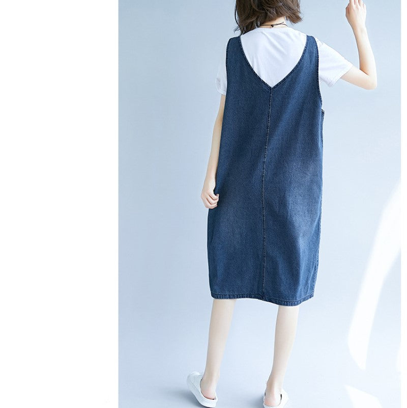 V-Neck Sleeveless Frayed Denim Cotton Pinafore Midi Dress