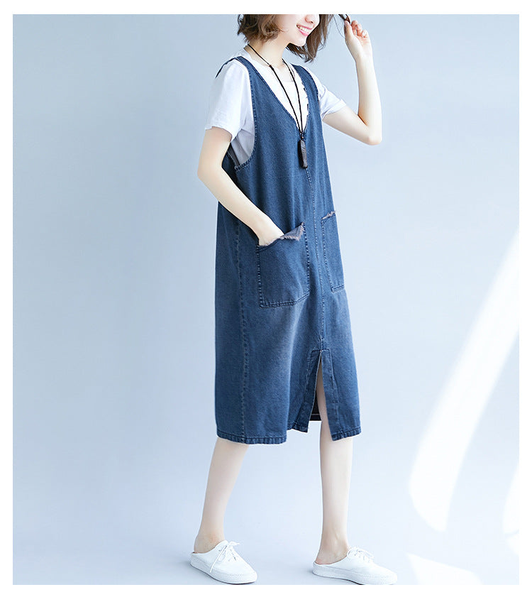 V-Neck Sleeveless Frayed Denim Cotton Pinafore Midi Dress