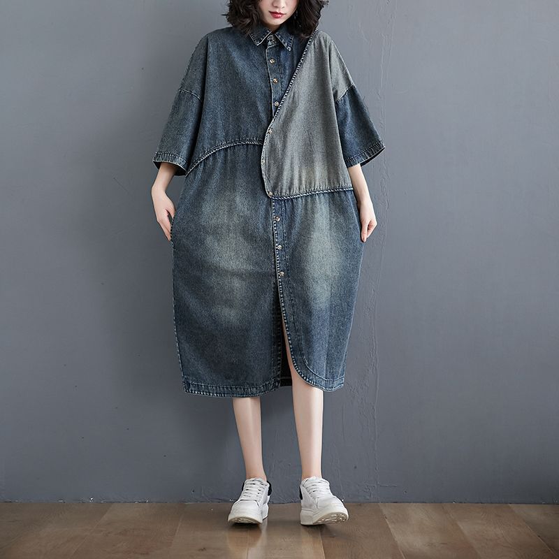 Short Sleeves Shirt Collar Cotton Dress