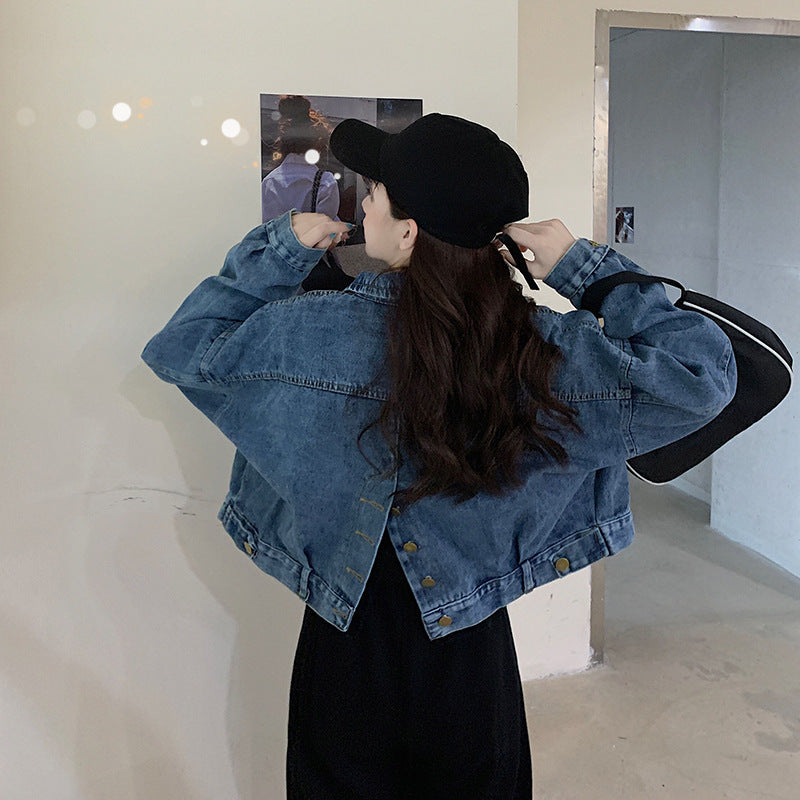 Blue Washed Spread Collar Crop Cotton Denim Jacket