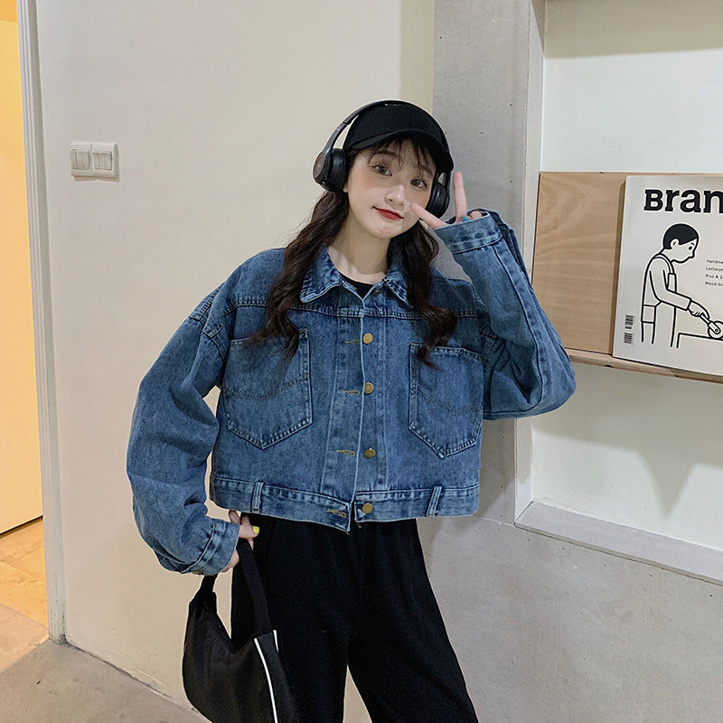 Blue Washed Spread Collar Crop Cotton Denim Jacket