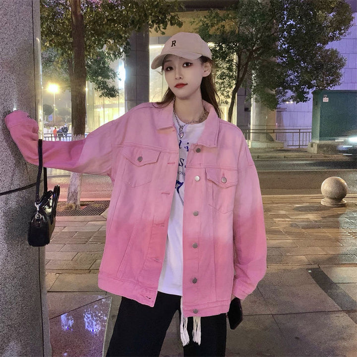 Washed Spread Collar Long Sleeves Cotton Denim Jacket