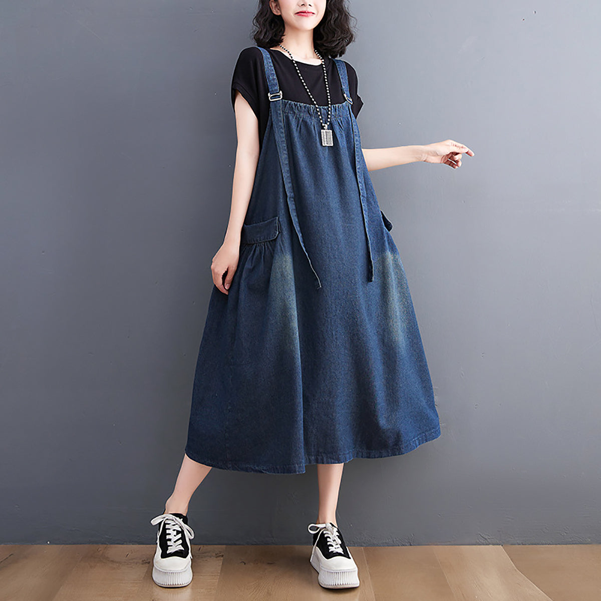 Women Shoulder Straps Cotton Pinafore Dress