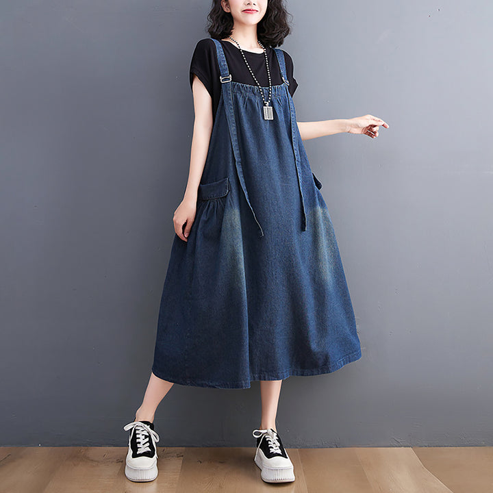 Women Shoulder Straps Cotton Pinafore Dress
