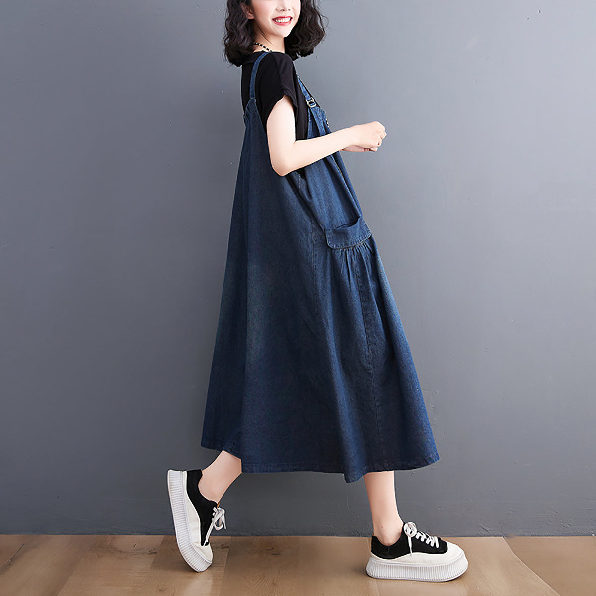 Women Shoulder Straps Cotton Pinafore Dress
