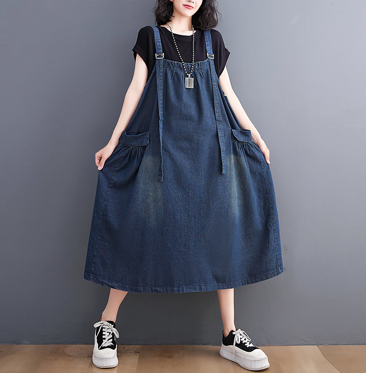 Women Shoulder Straps Cotton Pinafore Dress