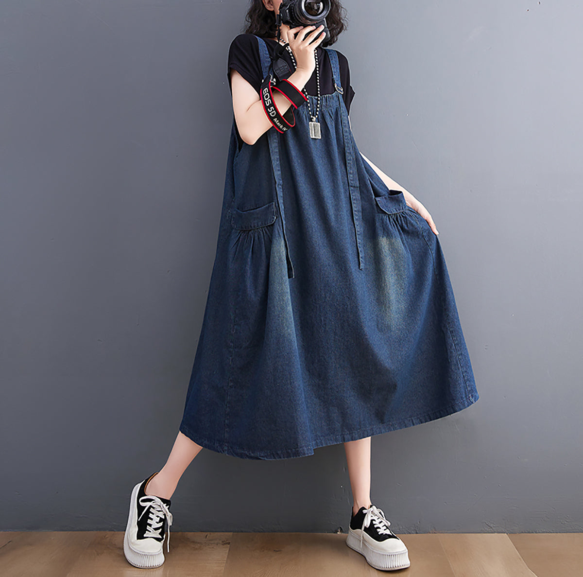Women Shoulder Straps Cotton Pinafore Dress