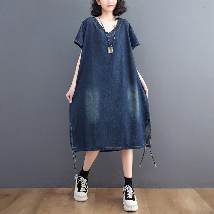 V Neck Short Flared Sleeves Cotton A-Line Dress