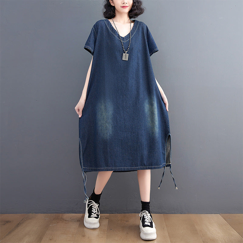 V Neck Short Flared Sleeves Cotton A-Line Dress