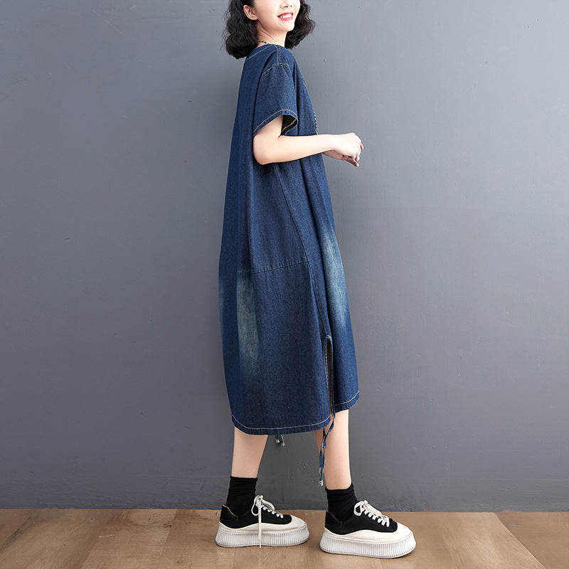 V Neck Short Flared Sleeves Cotton A-Line Dress