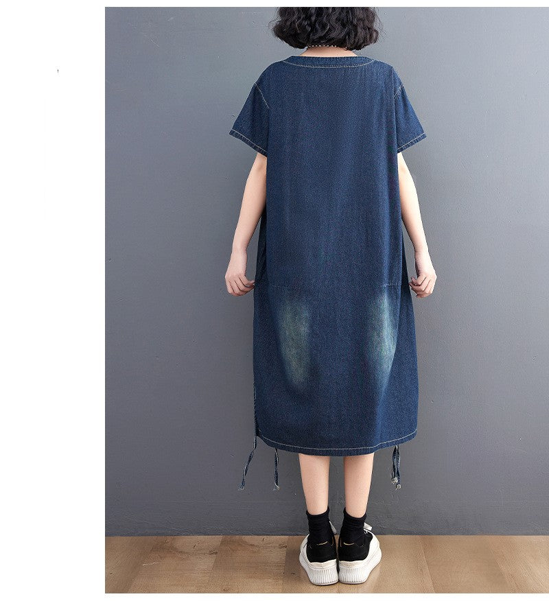 V Neck Short Flared Sleeves Cotton A-Line Dress