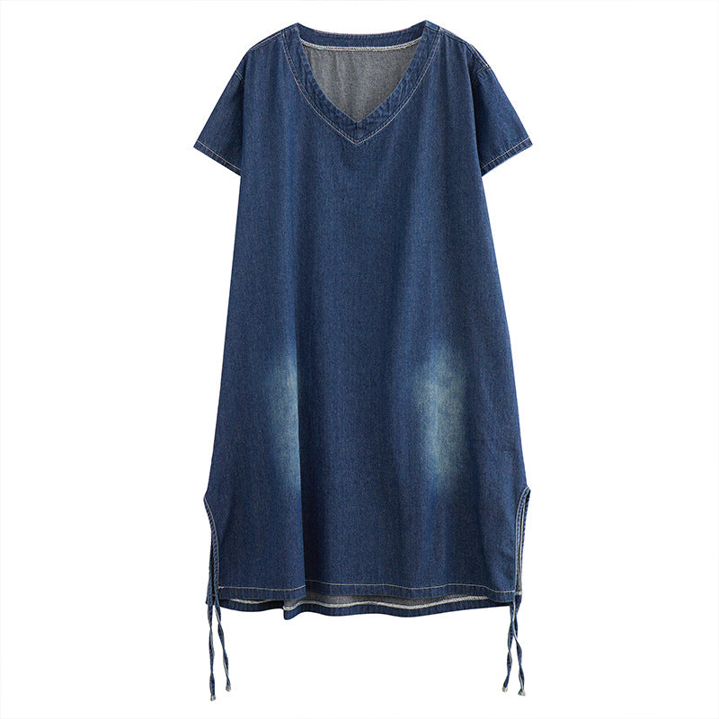 V Neck Short Flared Sleeves Cotton A-Line Dress