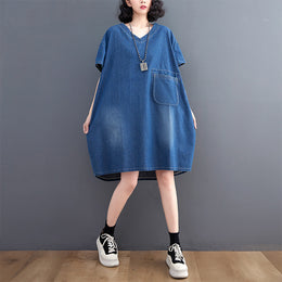 Blue V Neck Cotton A-Line Dress