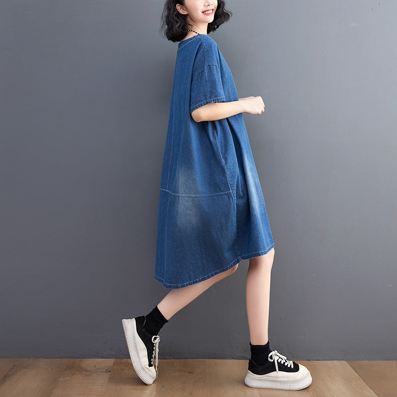 Blue V Neck Cotton A-Line Dress
