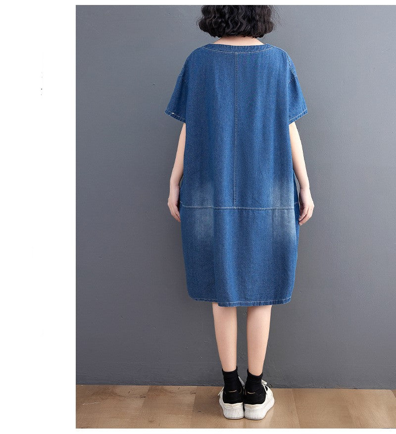 Blue V Neck Cotton A-Line Dress