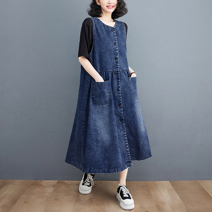 Round Neck Cotton A-Line Midi Dress