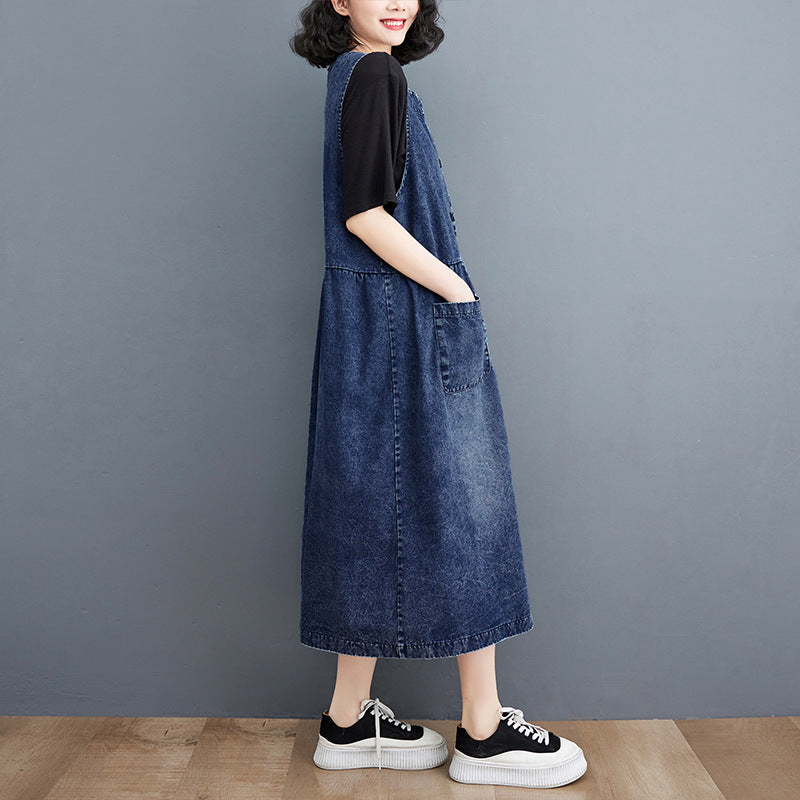 Round Neck Cotton A-Line Midi Dress