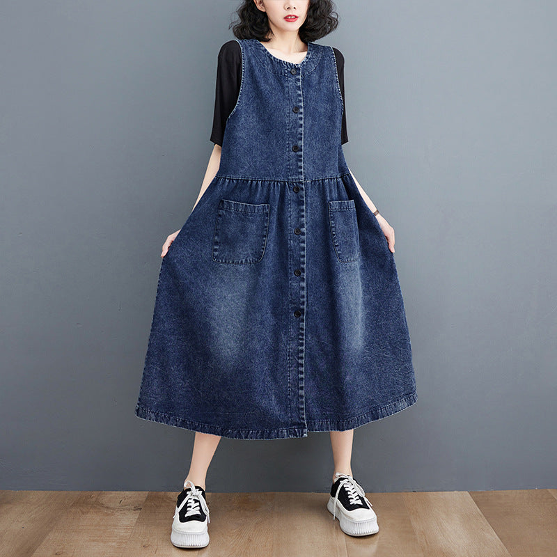 Round Neck Cotton A-Line Midi Dress