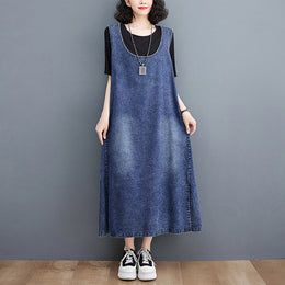 Round Neck Sleeveless Cotton Pinafore Midi Dress