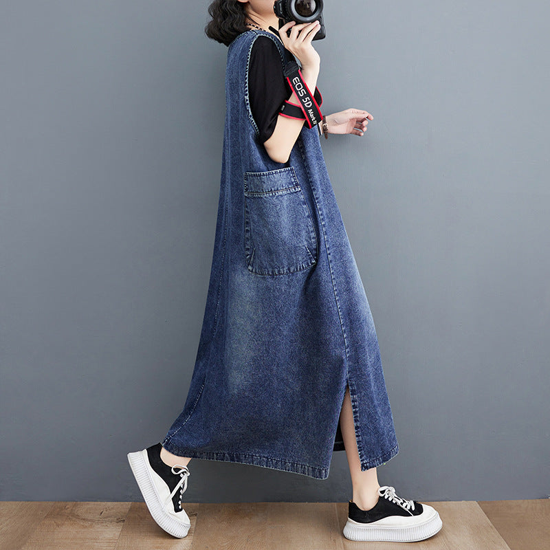 Round Neck Sleeveless Cotton Pinafore Midi Dress