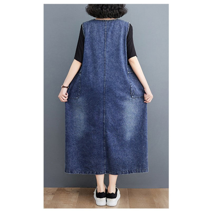 Round Neck Sleeveless Cotton Pinafore Midi Dress