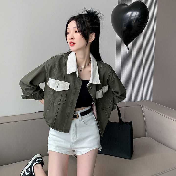 Colourblocked Spread Collar Long Sleeves Cotton Denim Jacket