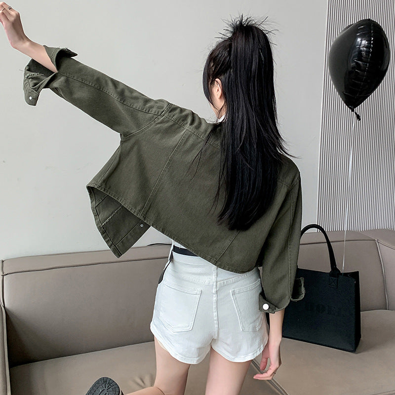 Colourblocked Spread Collar Long Sleeves Cotton Denim Jacket