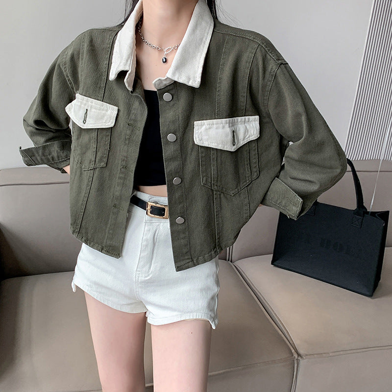 Colourblocked Spread Collar Long Sleeves Cotton Denim Jacket