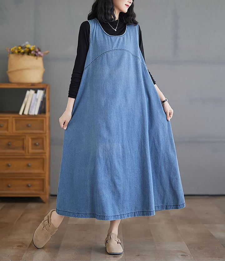 Round Neck Cotton A-Line Midi Dress