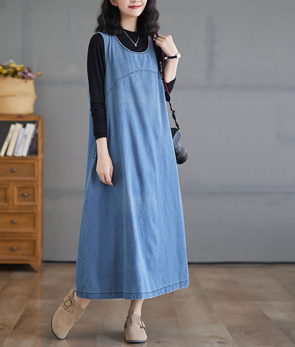 Round Neck Cotton A-Line Midi Dress