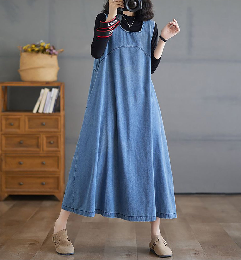 Round Neck Cotton A-Line Midi Dress