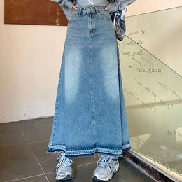 Blue Washed Denim Straight Maxi Skirt