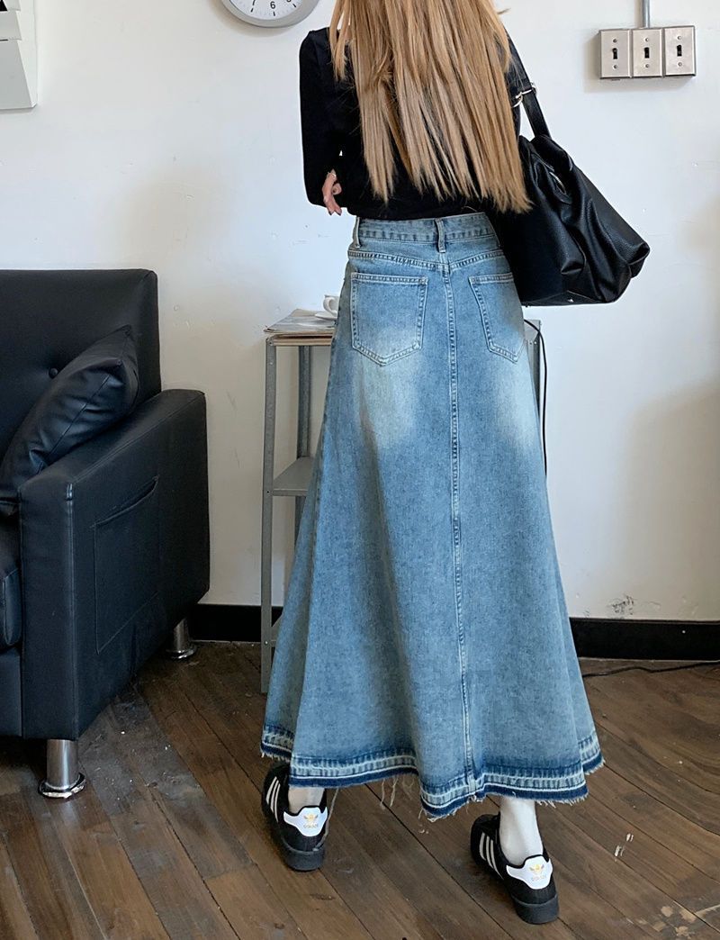 Blue Washed Denim Straight Maxi Skirt