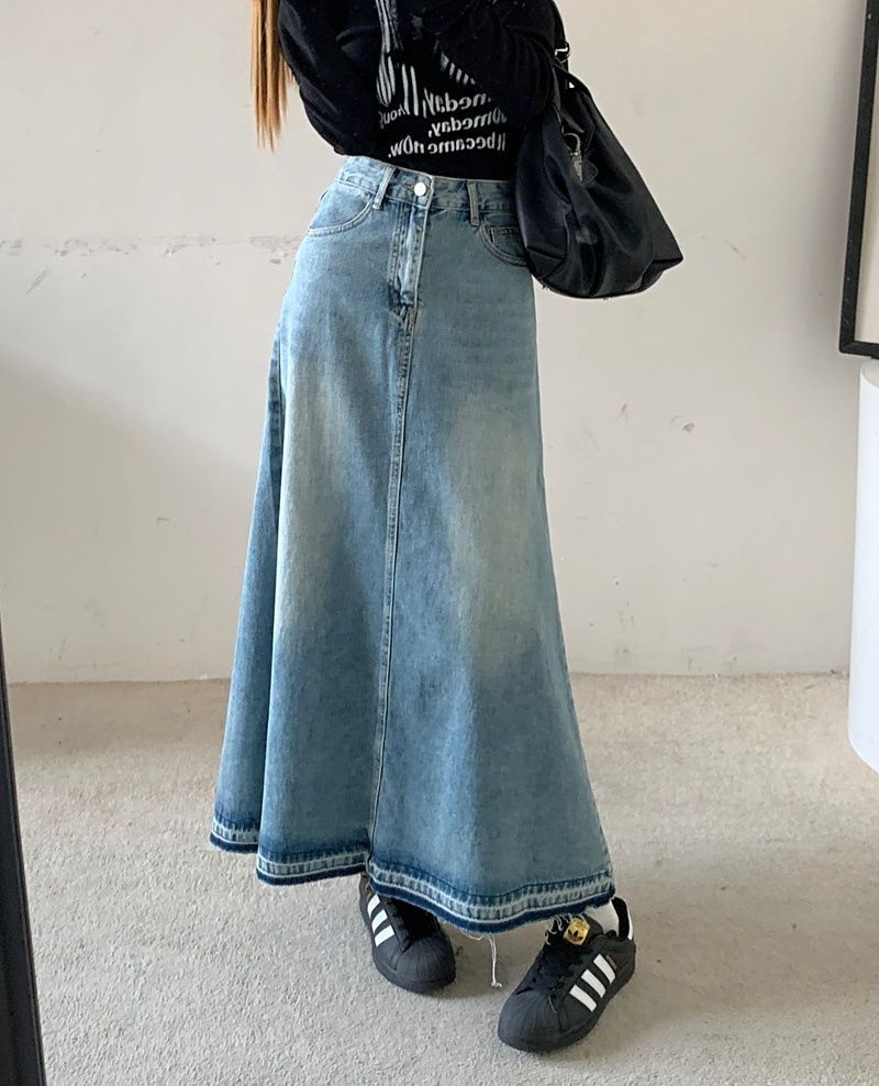 Blue Washed Denim Straight Maxi Skirt