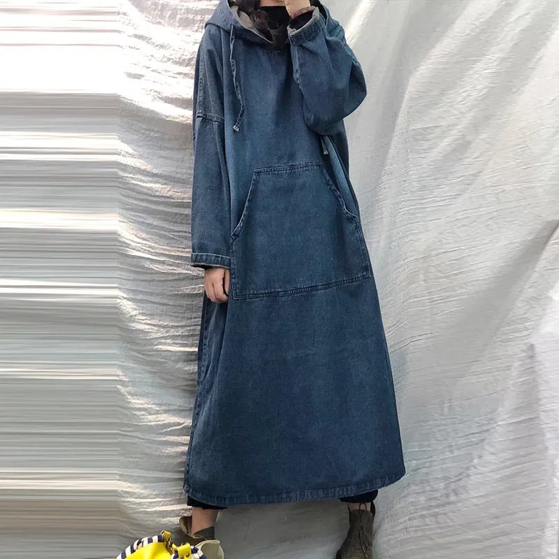 Blue Hooded Drop Shoulder Sleeves Cotton A-Line Maxi Dress
