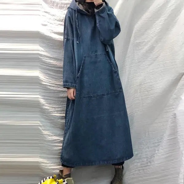 Blue Hooded Drop Shoulder Sleeves Cotton A-Line Maxi Dress