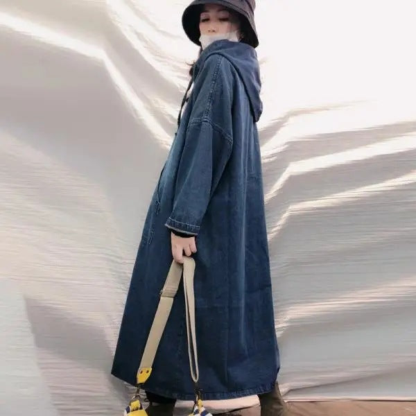 Blue Hooded Drop Shoulder Sleeves Cotton A-Line Maxi Dress
