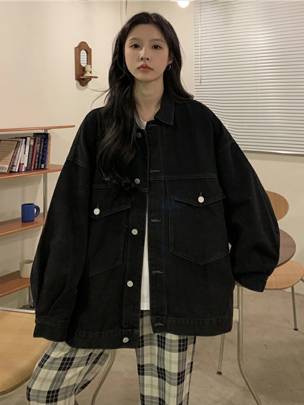 Black Spread Collar Regular Cotton Denim Jacket