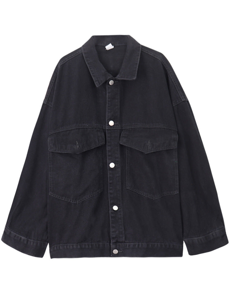 Black Spread Collar Regular Cotton Denim Jacket