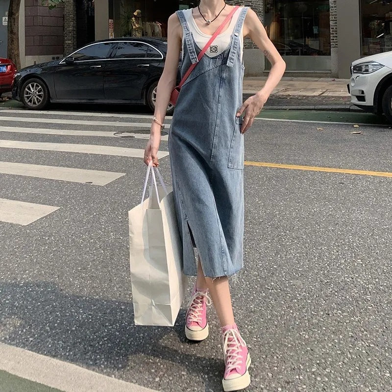 Shoulder Straps Cotton Pinafore Midi Dress