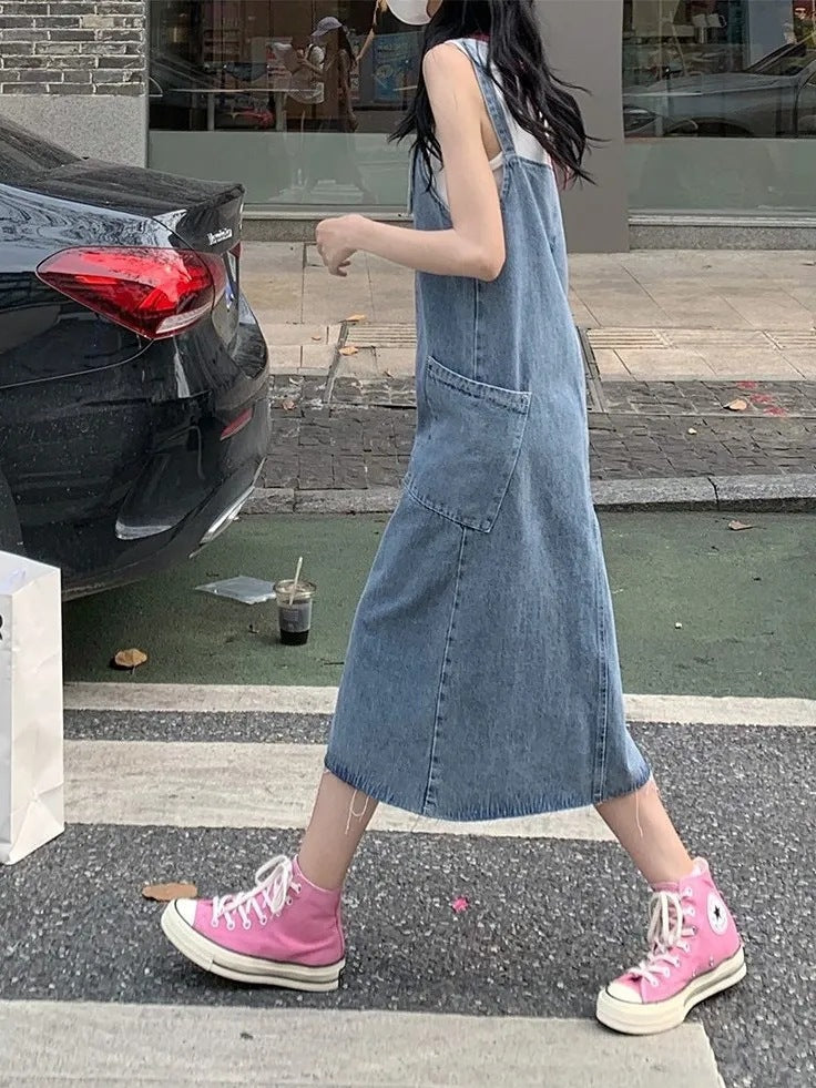 Shoulder Straps Cotton Pinafore Midi Dress