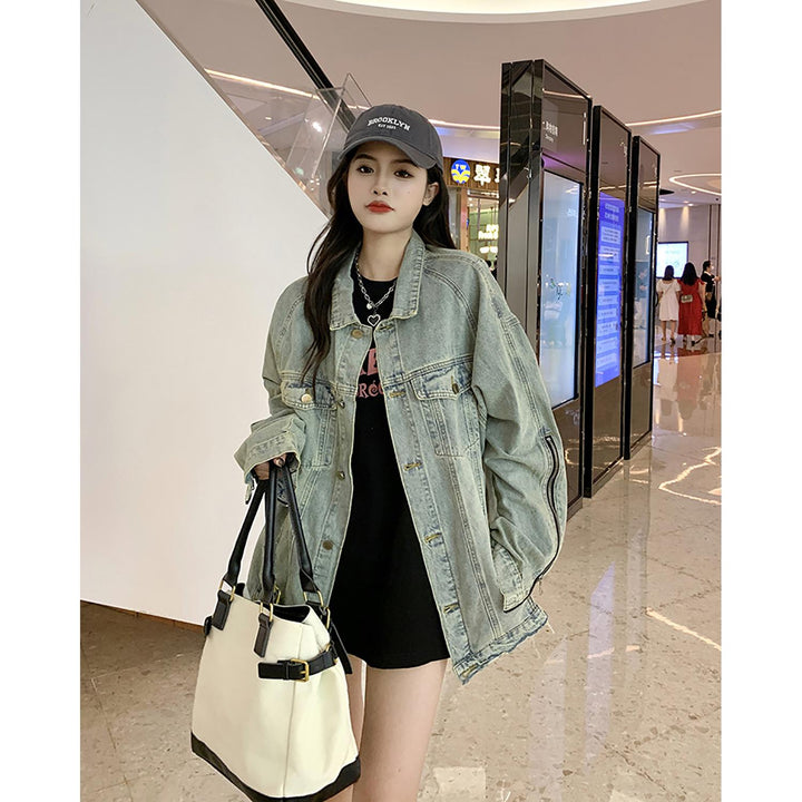 Women Spread Collar Longline Denim Jacket