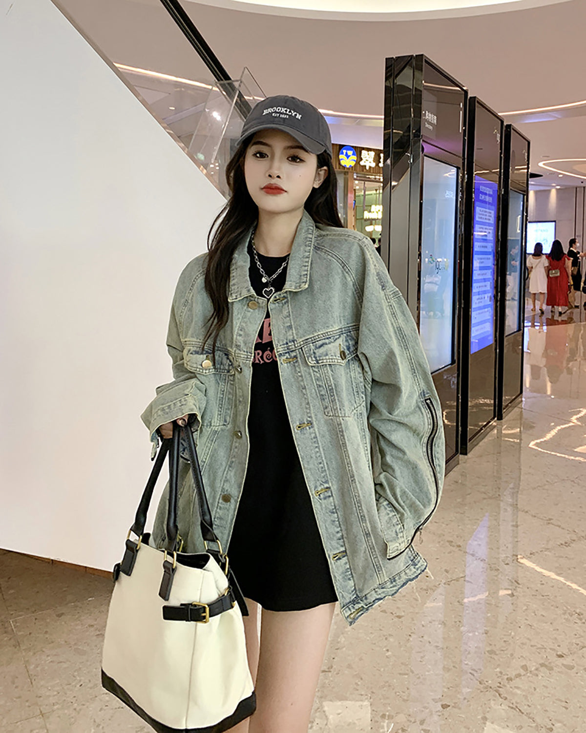 Women Spread Collar Longline Denim Jacket