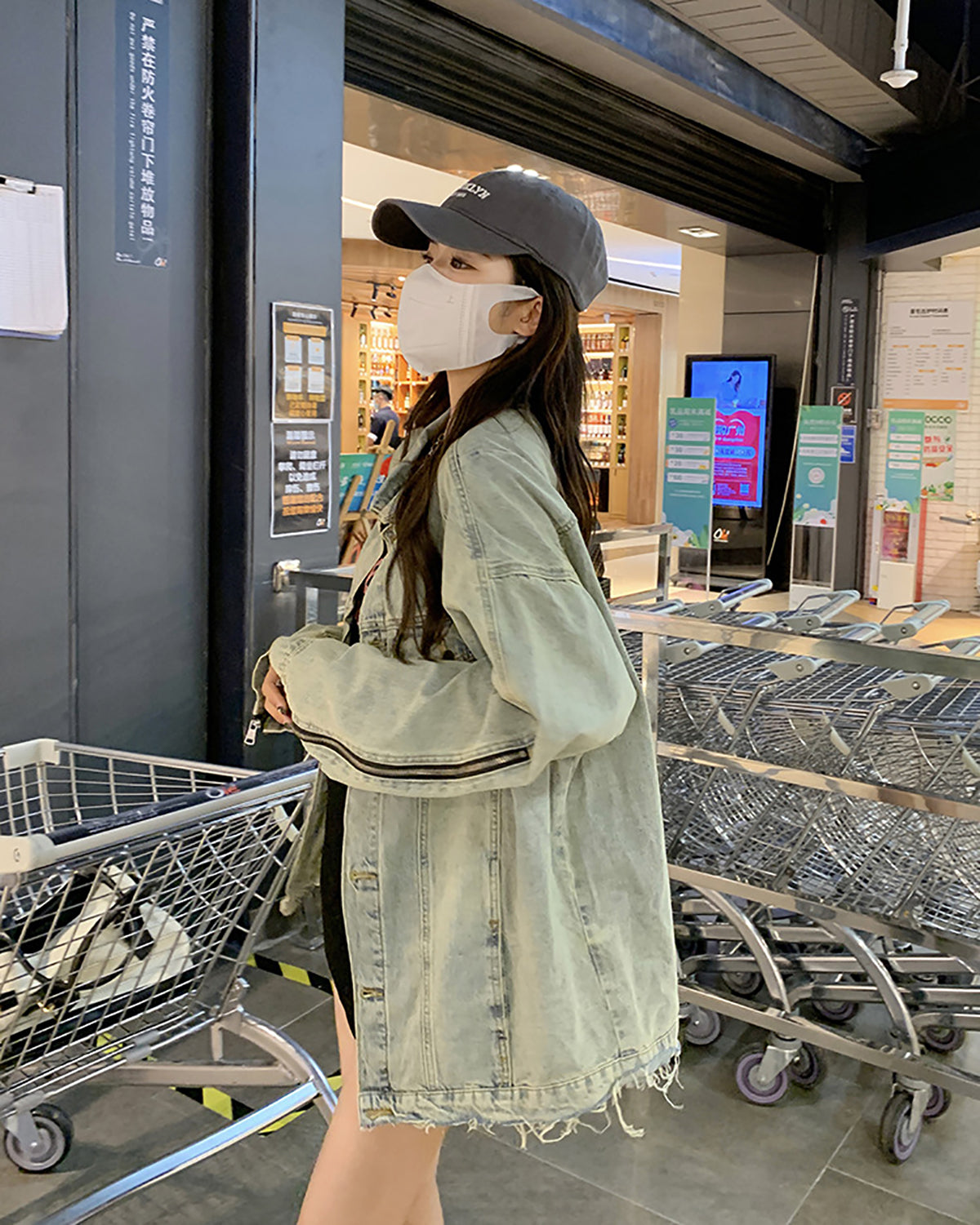 Women Spread Collar Longline Denim Jacket