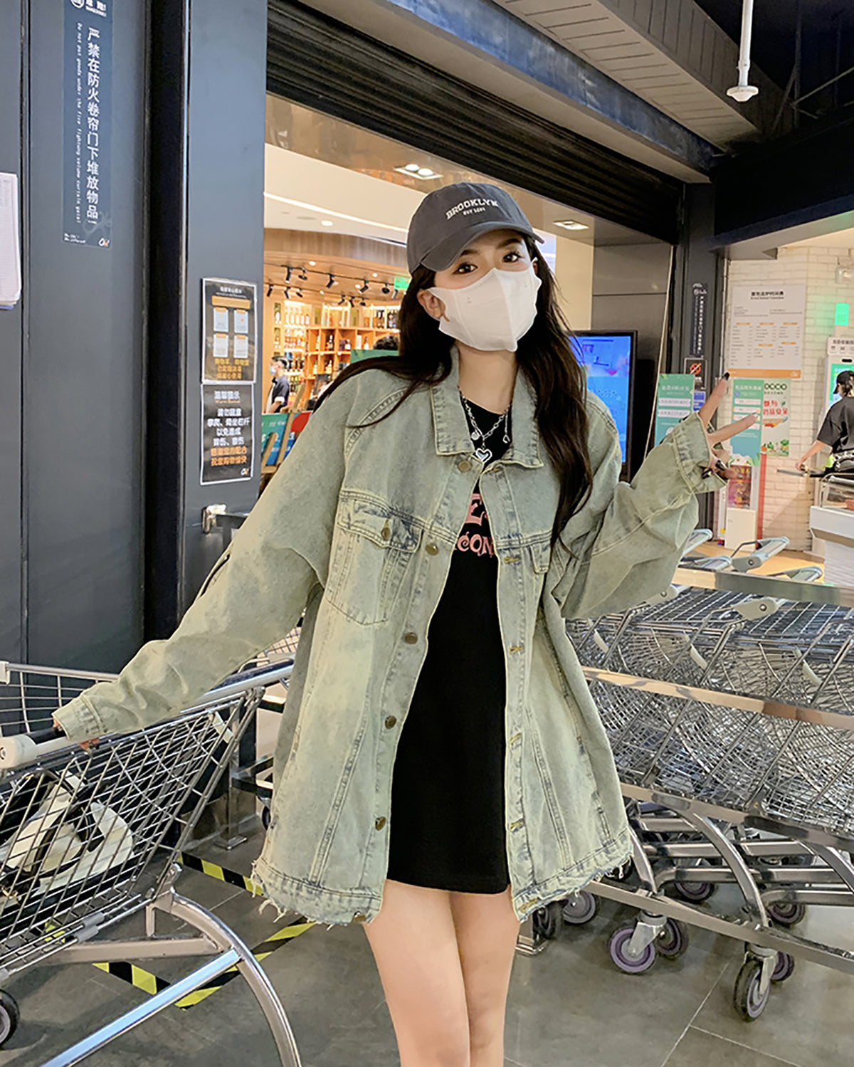 Women Spread Collar Longline Denim Jacket