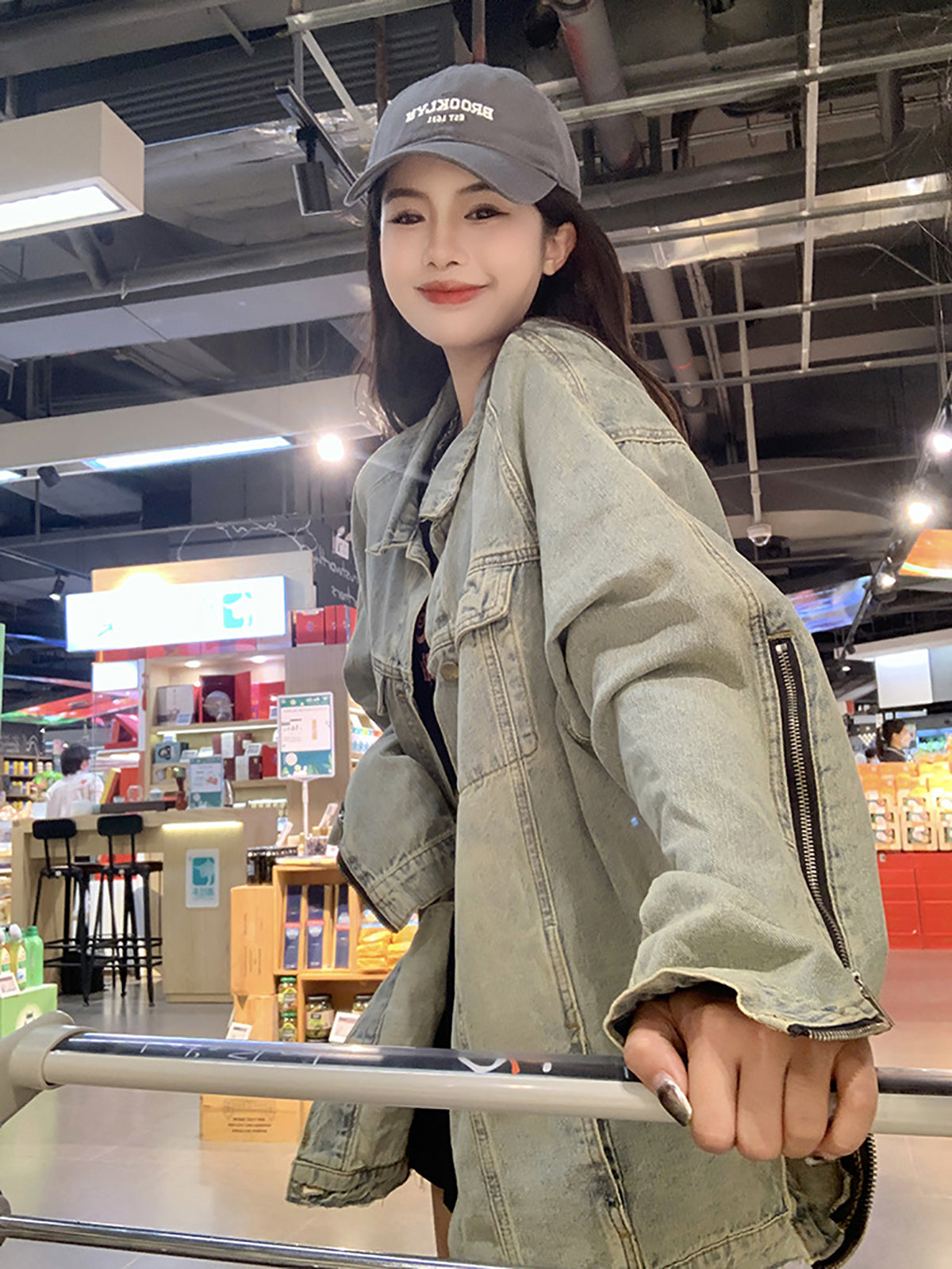 Women Spread Collar Longline Denim Jacket