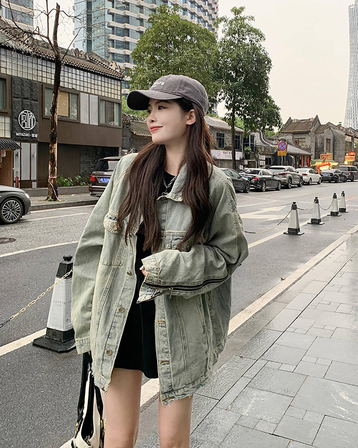 Women Spread Collar Longline Denim Jacket