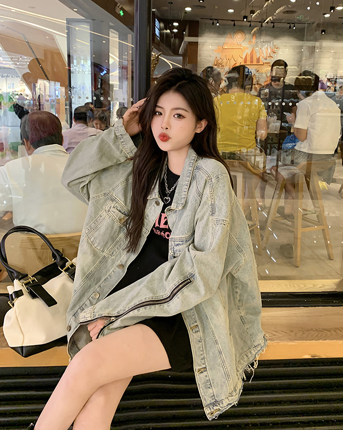 Women Spread Collar Longline Denim Jacket